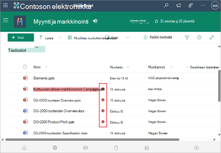 Kuvake näkyy tiedostonimen vieressä, kun se kuitataan ulos kirjastosta.
