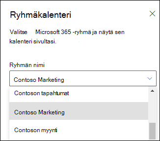 Microsoft 365 -ryhmän valitseminen ominaisuusruudusta.