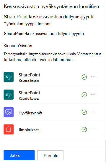 näyttökuva keskussivuston hyväksyntäsovelluksesta, joka on kirjautunut sisään