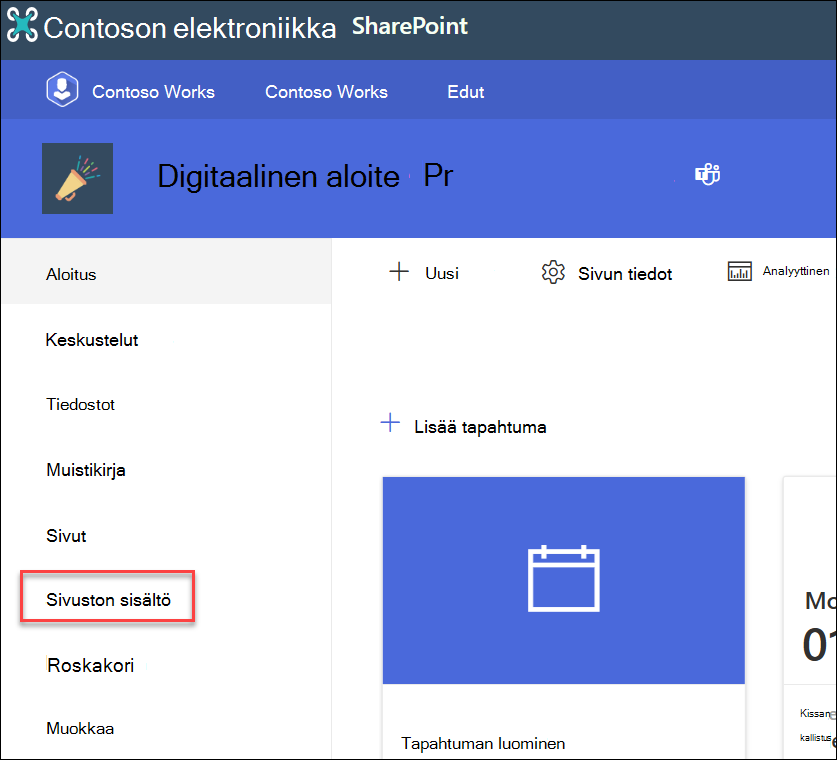 näyttökuva siirtymissivuston vasemmanpuoleisesta sisällöstä