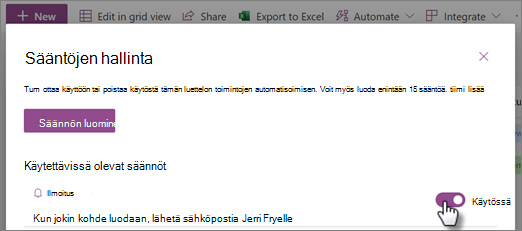 Näyttökuva säännön ottamisesta käyttöön tai poistamisesta käytöstä Sääntöjen hallinta -sivulla.