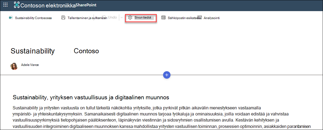 Sivun tiedot -painikkeen sijainti