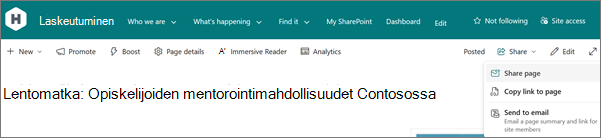Näyttökuva Jaa-painikkeesta sivun oikeassa yläreunassa.