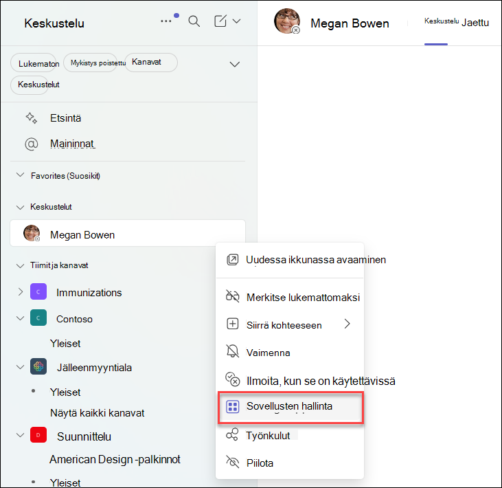 Näyttökuva sovellusten hallinnasta Teams-keskustelussa