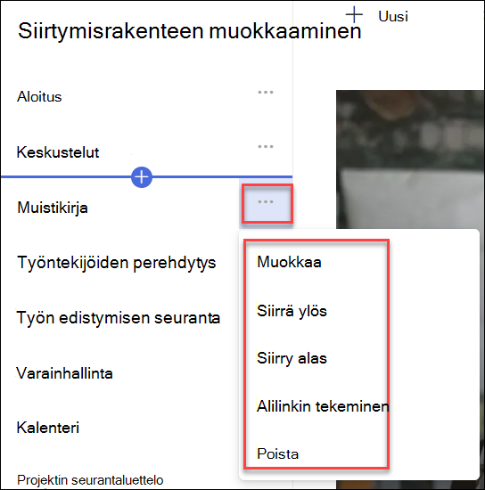 näyttökuva siirtymisen pikavalikosta