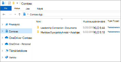 Näyttökuva, jossa näkyvät OneDriven ja sivustojen synkronointikansiot.