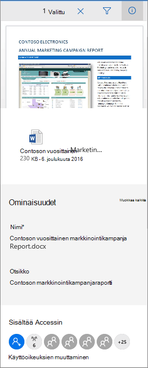 Office 365:n tiedoston metatietopaneeli