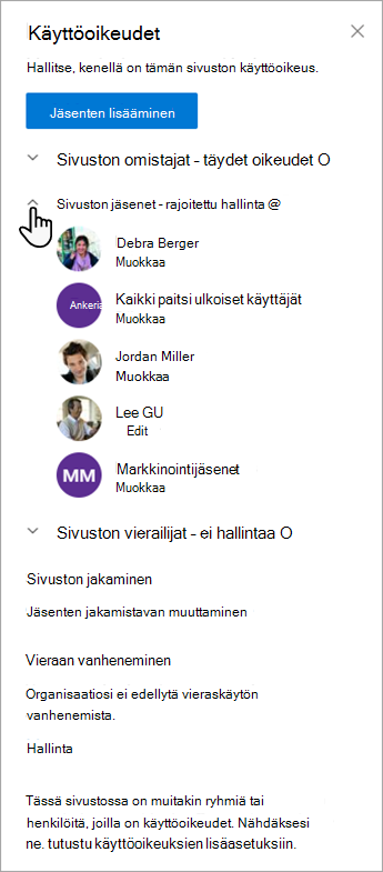 Käyttöoikeudet-valintaikkuna, jossa voit hallita jäseniä ja heidän käyttöoikeustasojaan.