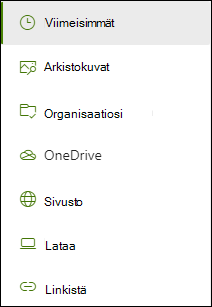 Luettelo sijainneista, jotka ovat käytettävissä linkkiä lisättäessä.