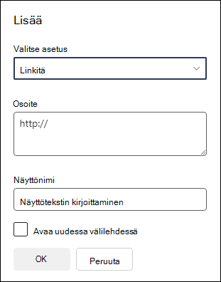 Linkin lisääminen ryhmäsivuston siirtymisvalikkoon.