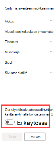 Sivuston siirtymisen kohderyhmäkohdennus -asetus on käytössä.