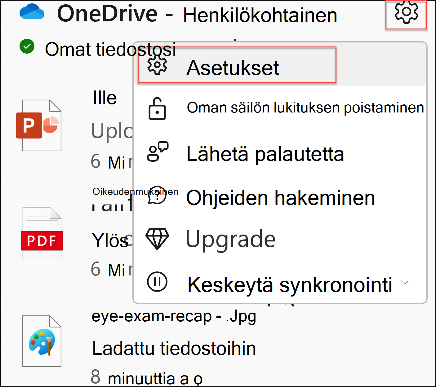 näyttökuva OneDrive-asetuksista