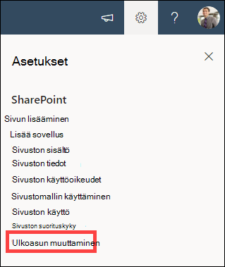 Asetukset-vaihtoehto avattuna ja muuta ulkoasua korostettuna.
