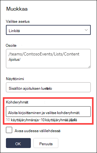 Kohderyhmä-kenttä korostettuna.