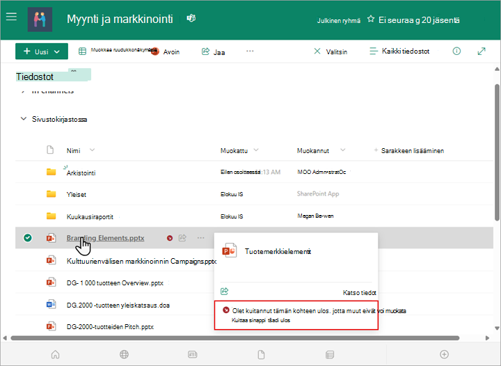 Näet, kuka on kuitannut tiedoston ulos kirjastosta osoittamalla tiedostonimeä hiirellä.