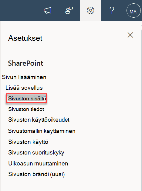 näyttökuva sivuston asetusten sisällöstä