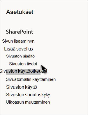 Näyttökuva SharePoint-asetuksista, kun Sivuston tiedot on valittuna