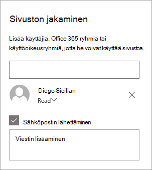 Henkilön lisääminen Jaa sivusto -ruutuun