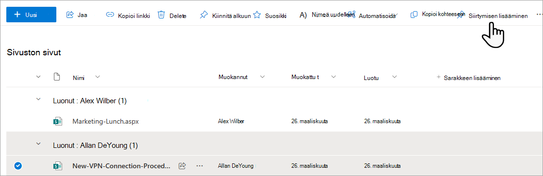 Sivun lisääminen valikoon Sivuston sivut -kohdasta.
