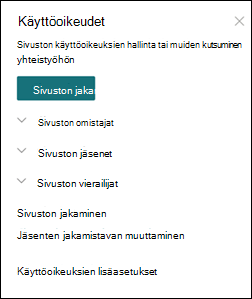SharePoint-sivuston käyttöoikeuspaneeli