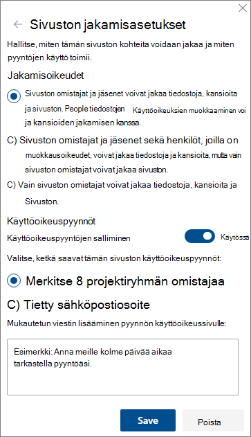 Näyttökuva Sivuston jakamisasetukset -ruudusta.