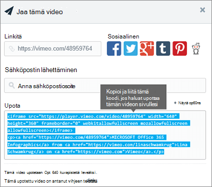 Esimerkki upotuskoodin käyttämisestä sisällön upottamiseen SharePoint-sivulle