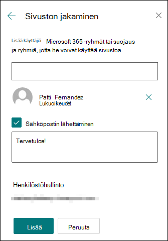 Sivuston jakamisoikeusruudun esikatselu