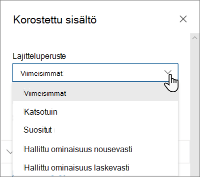 Modernin SharePoint-käyttöympäristön Korostetun sisällön verkko-osan Lajitteluperuste-asetukset