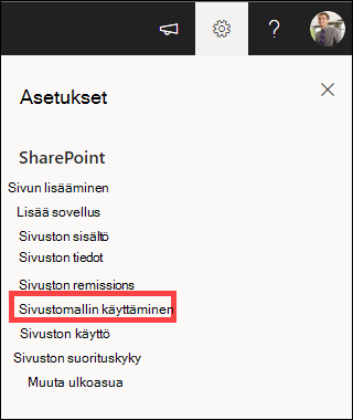 Asetukset, joissa Käytä sivustomallia näkyy korostettuna.