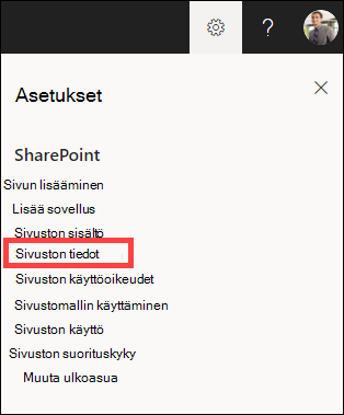 Asetukset-paneeli avattuna ja sivuston tiedot korostettuina.