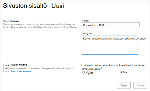Nimen, kuvauksen ja valinnaisen versiotiedon antaminen