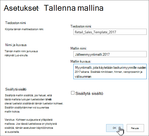 Tallenna mallisivuna