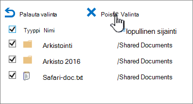 SharePoint 2016:n toisen tason roskakori kaikki kohteet valittuina ja poistopainike korostettuna