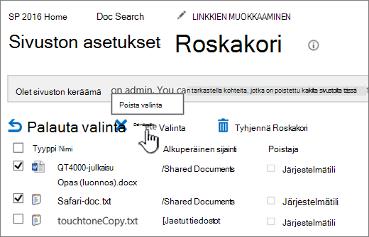 SharePoint 2016:n Roskakori-sivun Poista-painike korostettuna