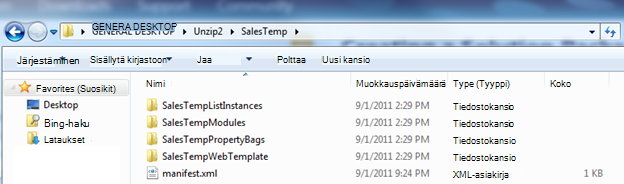 Näyttökuva Windows Explorerista, jossa näkyy purkamaton WSP (Web Solution Package) -tiedosto.
