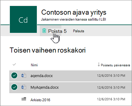 SharePoint Onlinen toisen tason roskakori poistopainike korostettuna