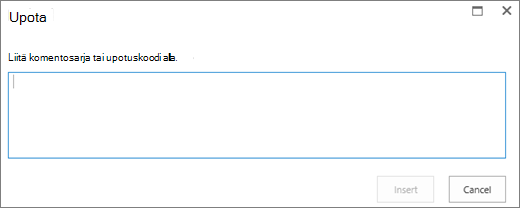 Näyttökuva SharePoint Onlinen Upota-valintaikkunasta, jossa voit liittää video- tai äänitiedostojen komentosarja- tai upotuskoodin ja lisätä sitten koodin.