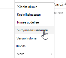 Lisää siirtymisnäkymään -vaihtoehto sivuluettelosta