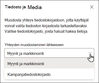 Tiedoston katselutoiminnon ominaisuusruutu, jossa on avattava Yhdistä lähteeseen -valikko