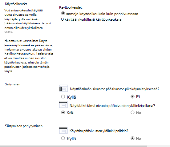 Luo sivusto -valintaikkunan alempi puolisko