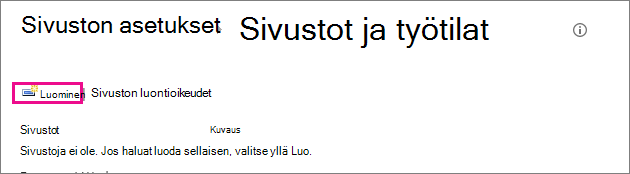 Sivustot ja työpaikat -valintaikkunan Luo sivusto -linkki