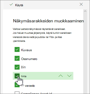 näytä tai piilota sarakkeet tai poista niiden valinta