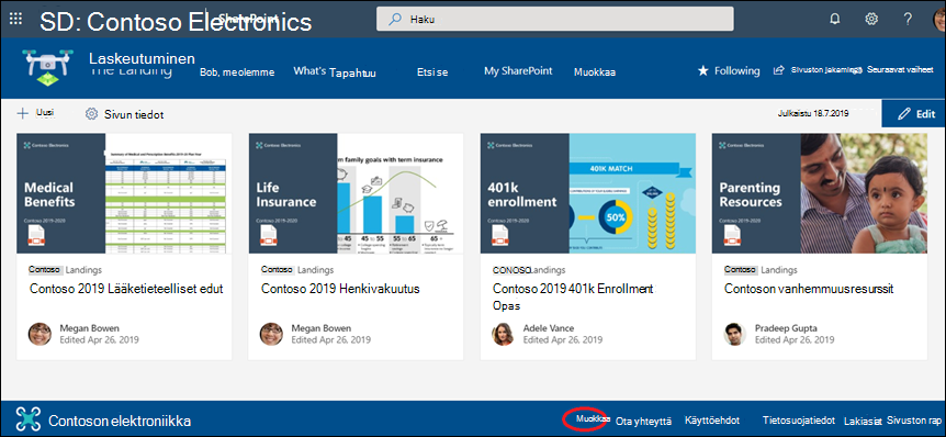 Lisää tai muokkaa linkkejä ja tarroja SharePoint-viestintäsivuston alatunnisteessa.