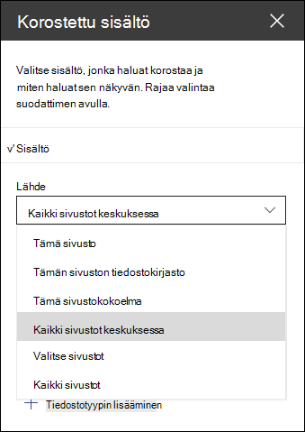 Korostettu sisältöverkko-osan työkaluruutu