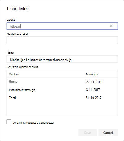 Lisää linkki -valintaikkuna