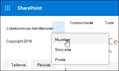 Muokkaa aiemmin luotua linkkiä tai otsikkoa SharePoint-viestintäsivuston alatunnisteessa.
