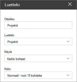 Luettelo-verkko-osan asetukset