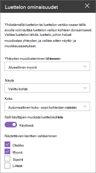 Luettelon ominaisuuksien verkko-osaruutu