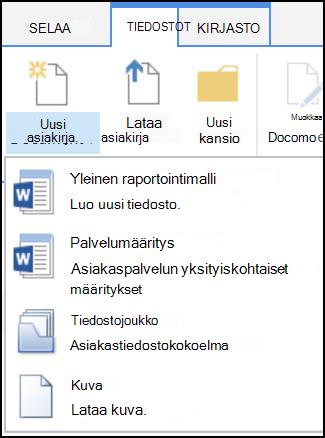 SharePointin Uusi tiedosto -valikko, jossa on mukautetut sisältötyypit