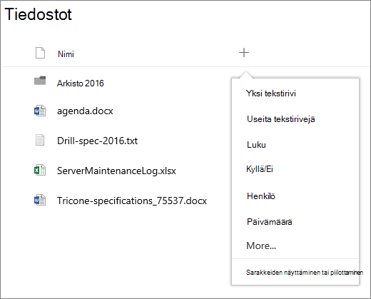 Avattavan sarakkeen lisääminen ryhmään liitetyssä tiedostokirjastossa